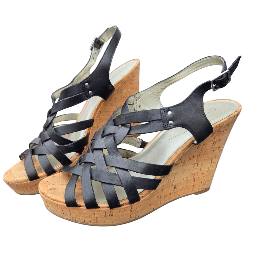 Guess Black Leather Strappy Wedge Sandal Size-9.5
